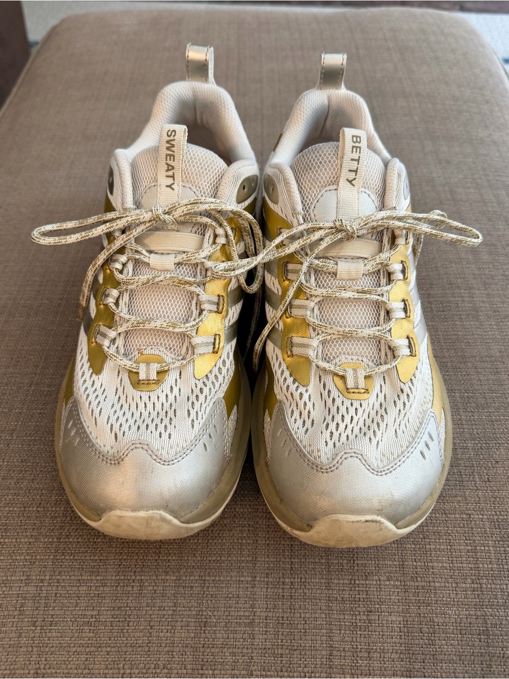 Merrell X Sweaty Betty Moab 2 Cream, Silver, and Gold Sneakers, Women’s 10